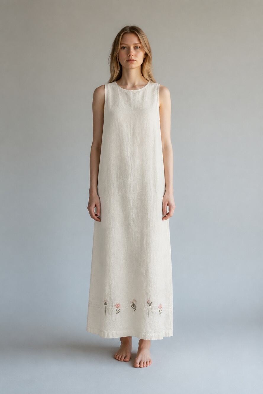 Vintage Hot Cotton Marc Ware Linen Maxi Dress Large Cream Floral Embroidered L
